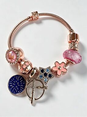 Rose Gold Charm Bracelet with Pink Flower and Glass Beads